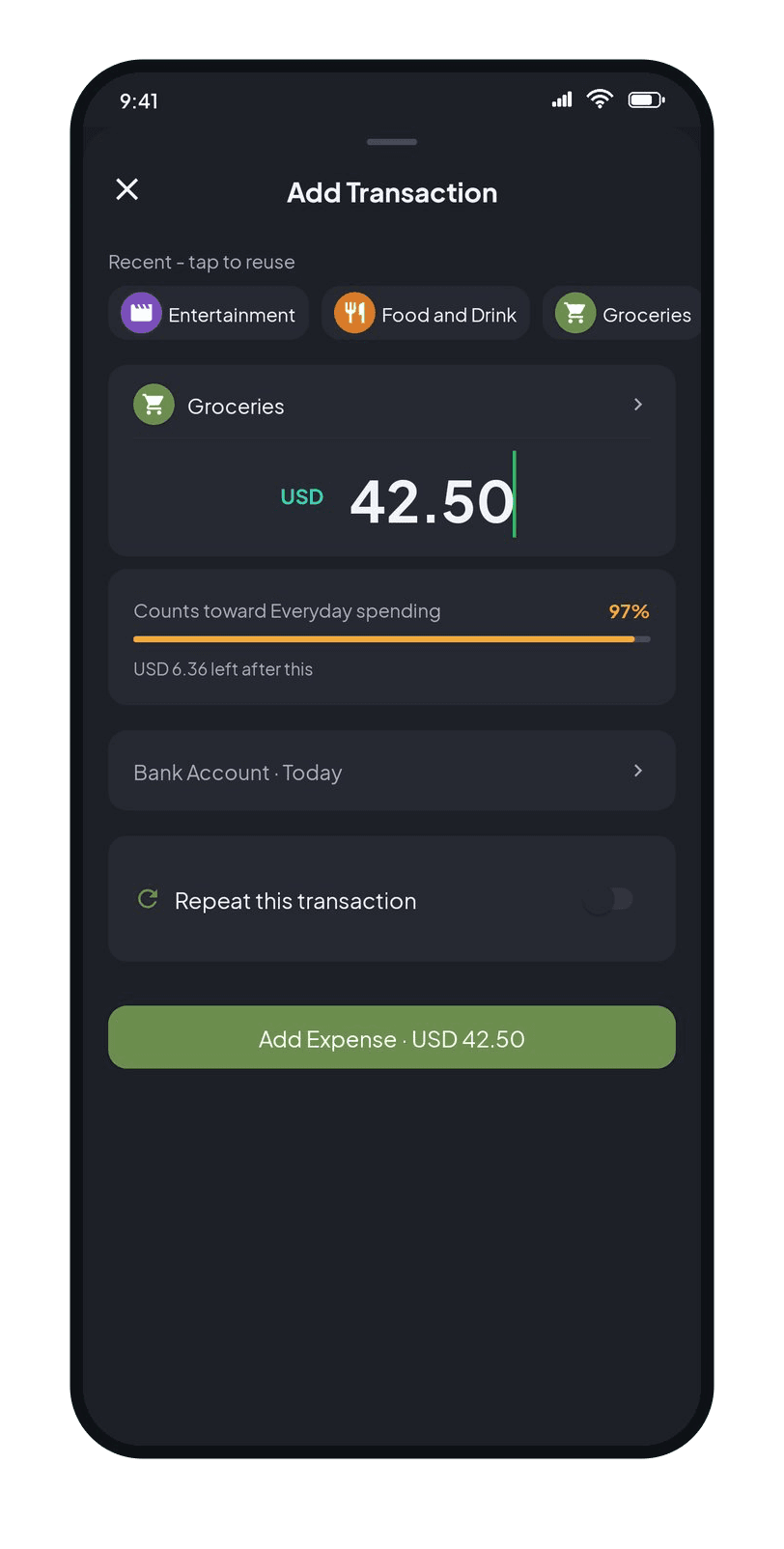 Coinly Add Transaction: pick a category, type the amount, with a live budget hint showing what is left