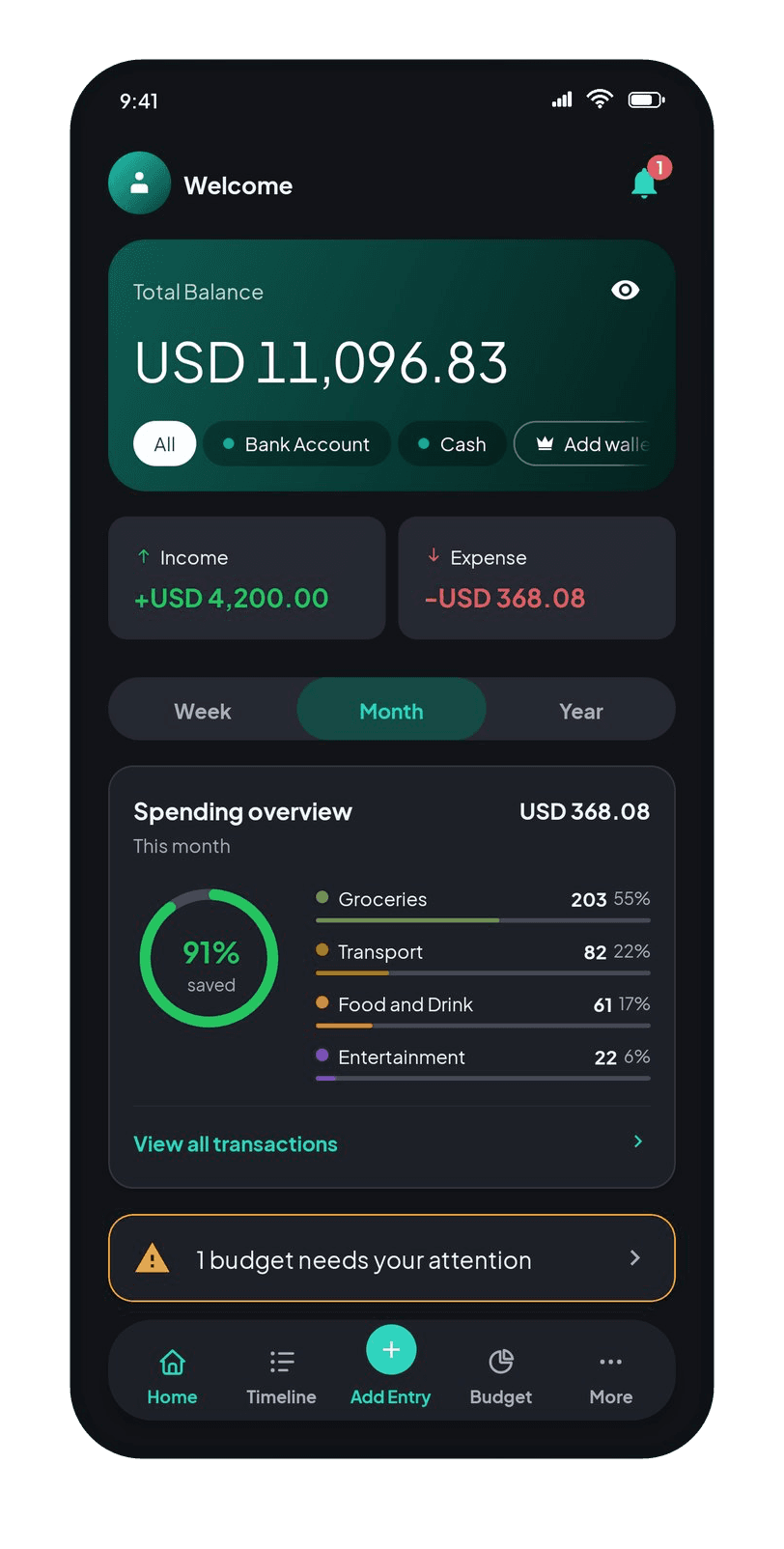 Coinly Home dashboard: total balance across wallets, income and expense for the month, and a spending overview by category