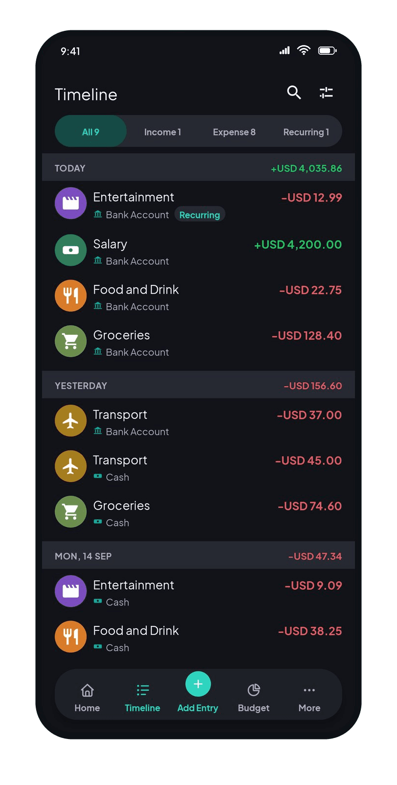 Coinly Timeline: every transaction grouped by day, across two wallets, including income and a recurring entry