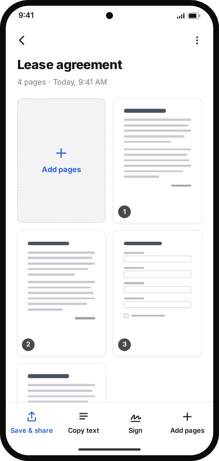 A Keepscan document with its pages in a grid and actions for Save & share, Copy text, Sign and Add pages