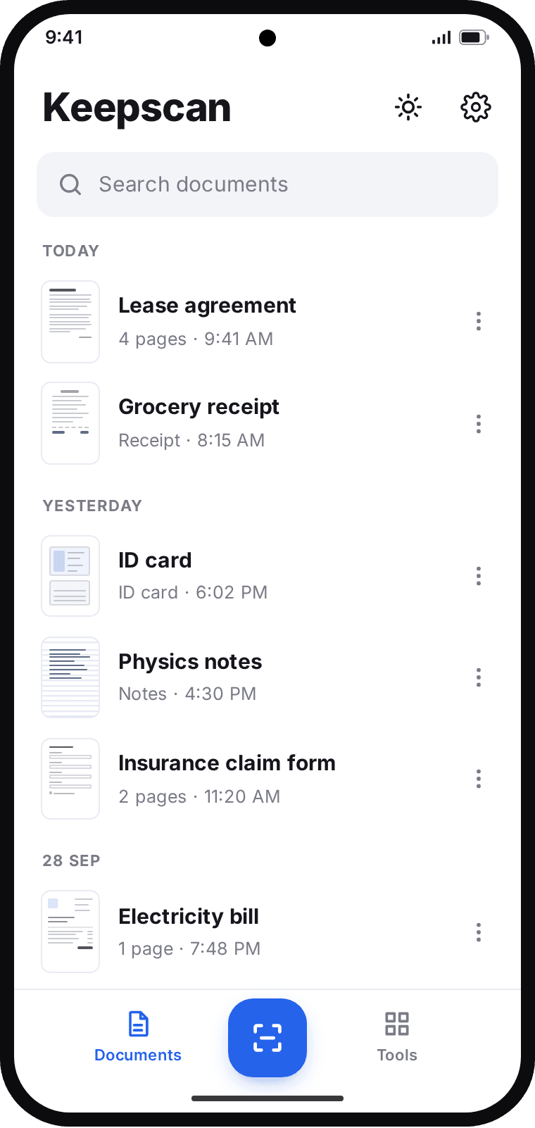 Keepscan Documents screen: scans grouped under Today, Yesterday and a date, with a search bar and the Scan button