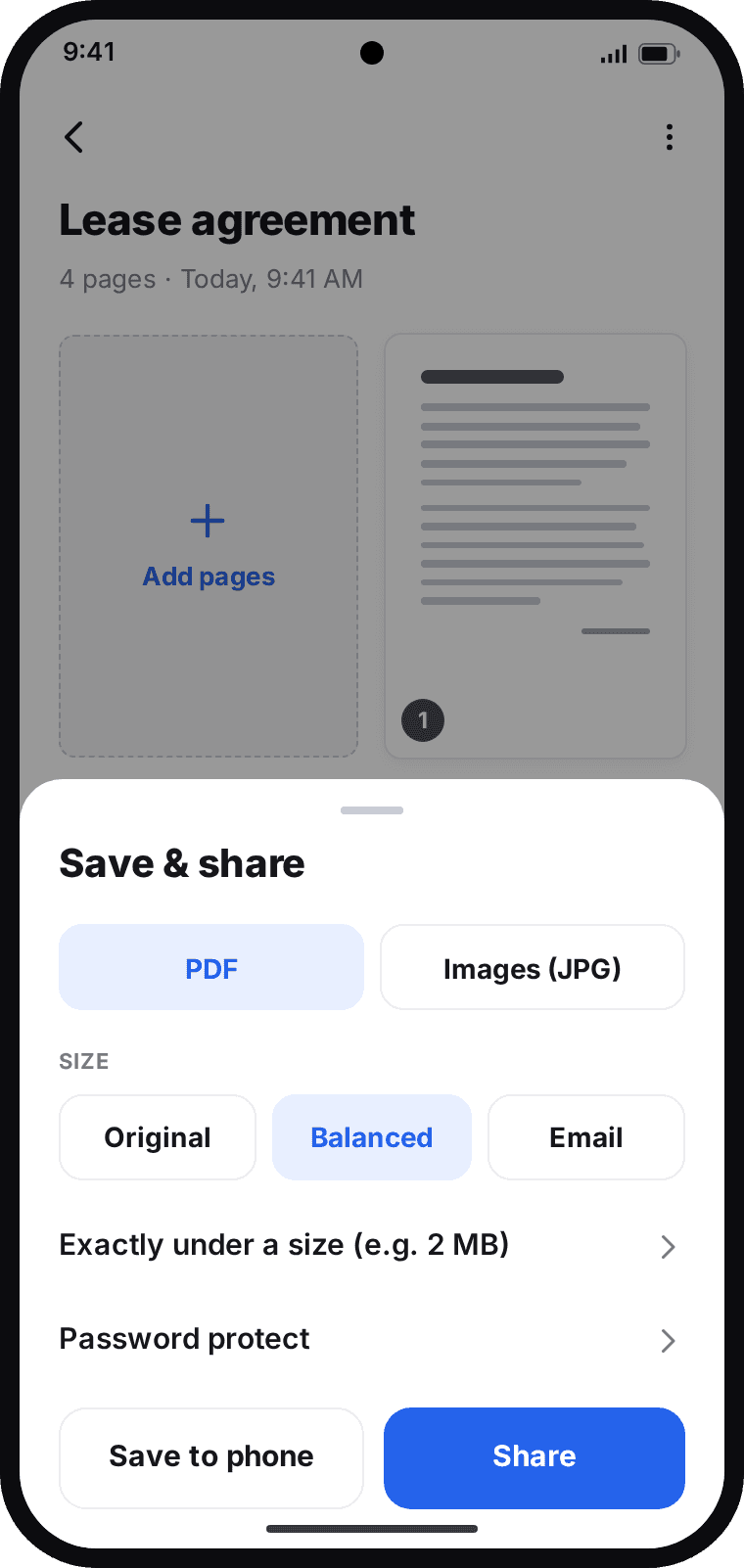 Keepscan Save & share sheet: PDF or JPG, Original, Balanced or Email size, Save to phone or Share