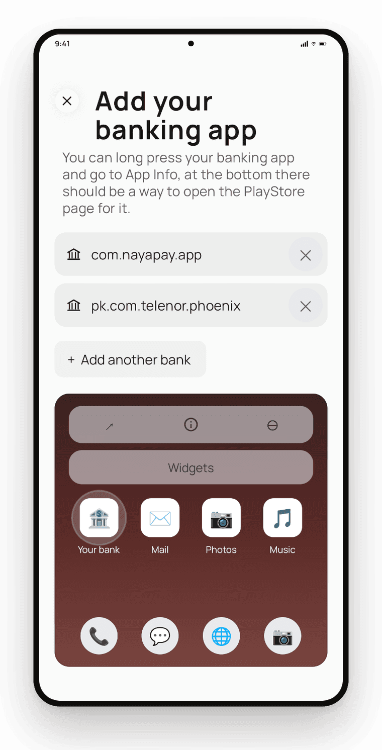 Onetap bank automation setup, listing the banking apps being watched
