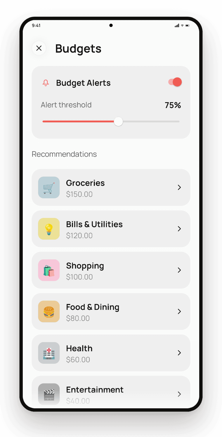 Onetap Budgets screen with a cap set per category and an alert threshold