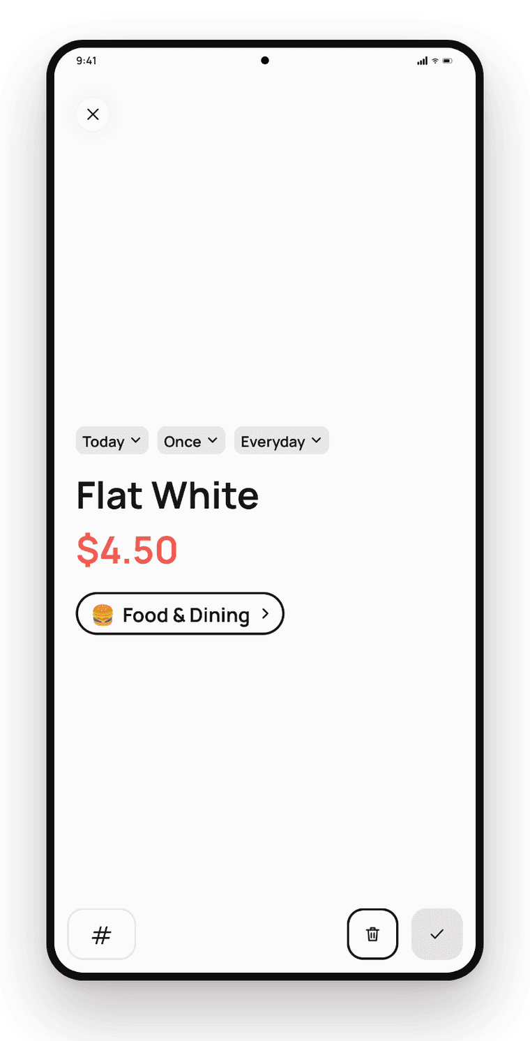 Onetap transaction editor showing an expense open for editing