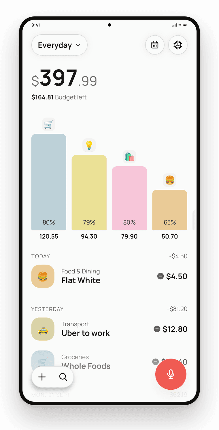 Onetap Home screen showing the month total, category bars with budget percentages, and recent transactions