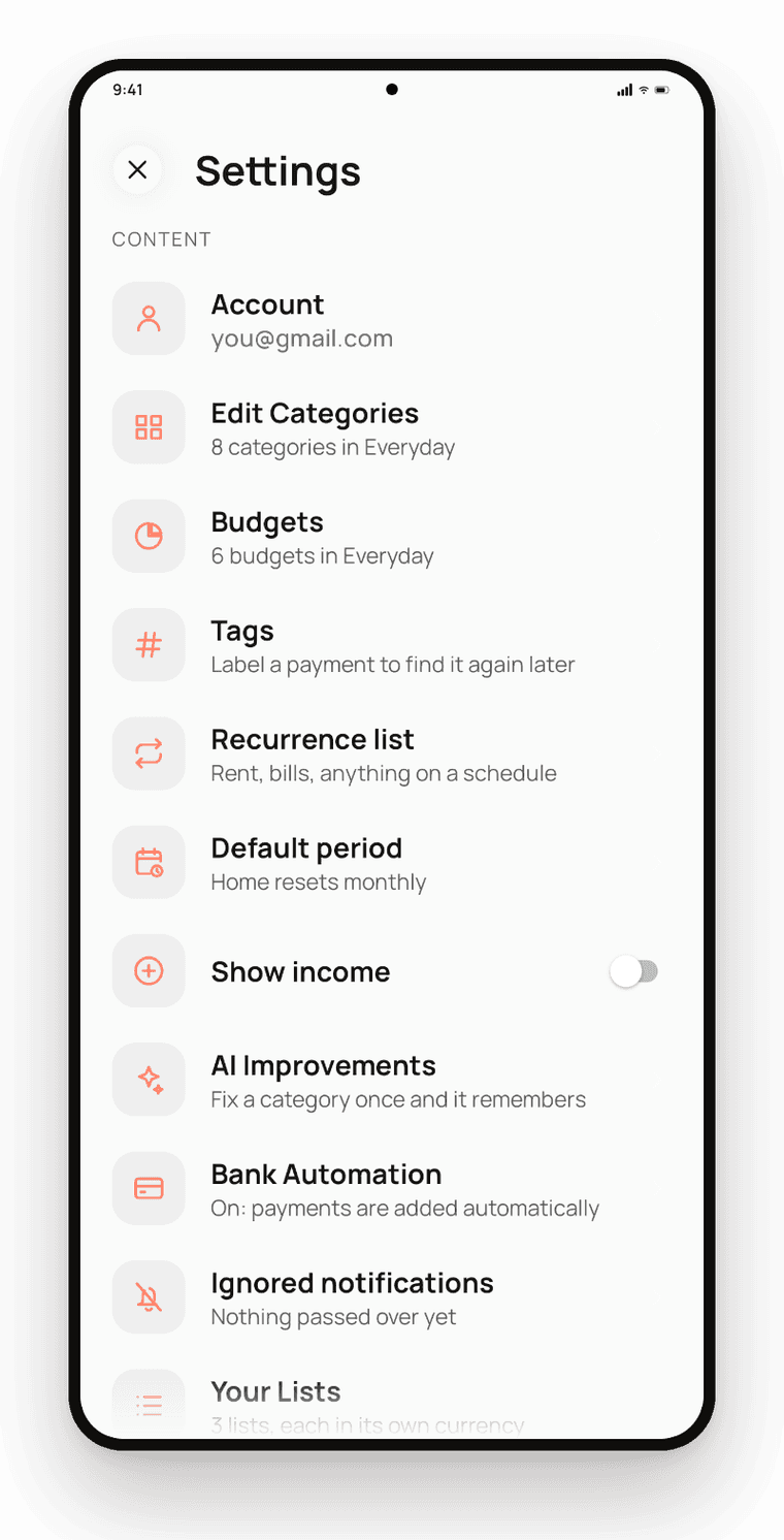 Onetap Settings with export and backup options
