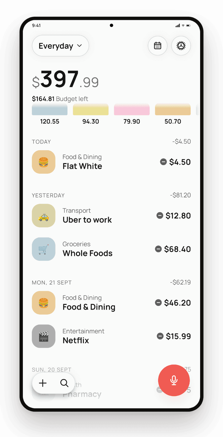 Onetap Home with a spoken expense listed under Today