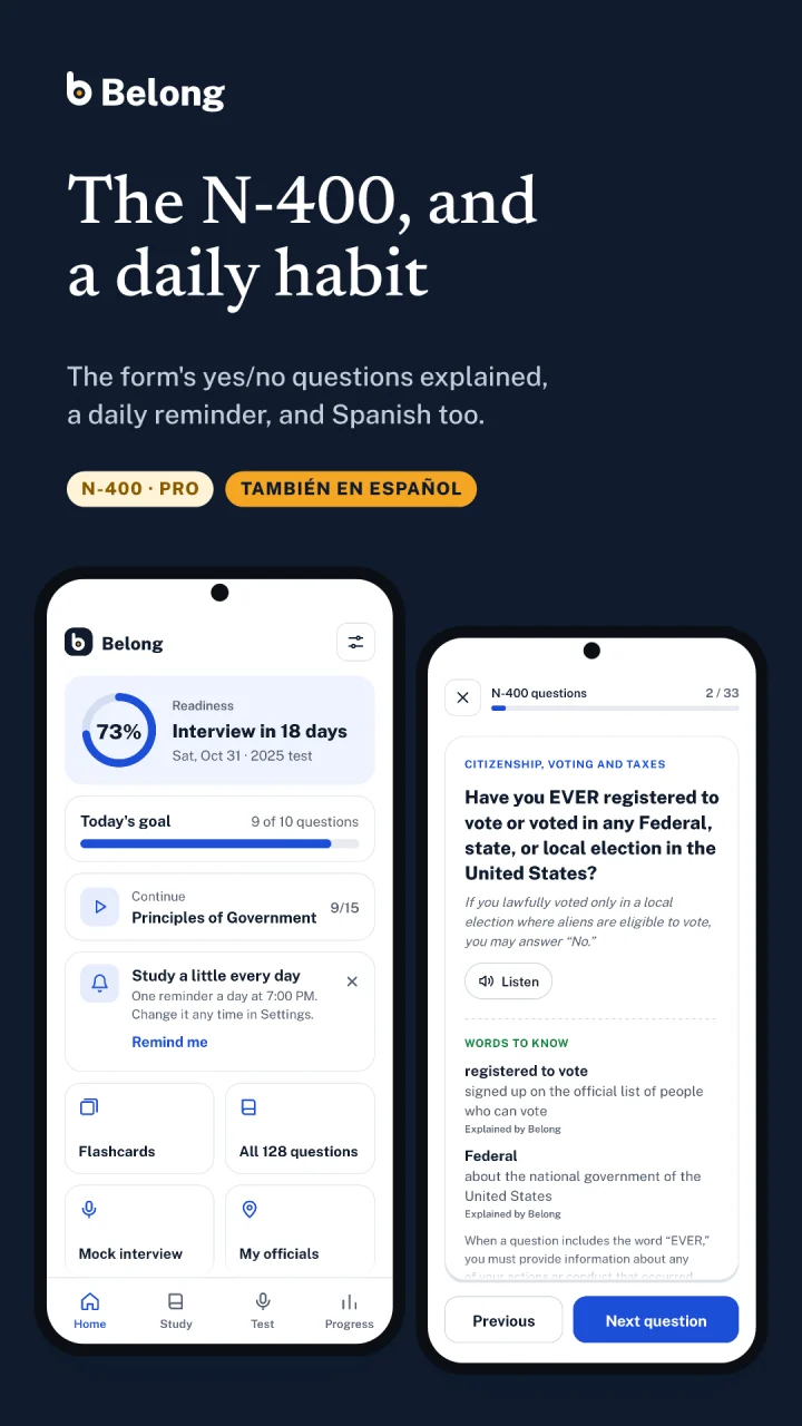 Belong store screenshot: The N-400, and a daily habit. The daily reminder and an N-400 question explained