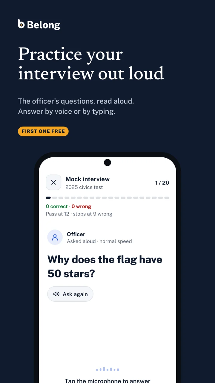 Belong store screenshot: Practice your interview out loud. The officer's question with the microphone, first one free