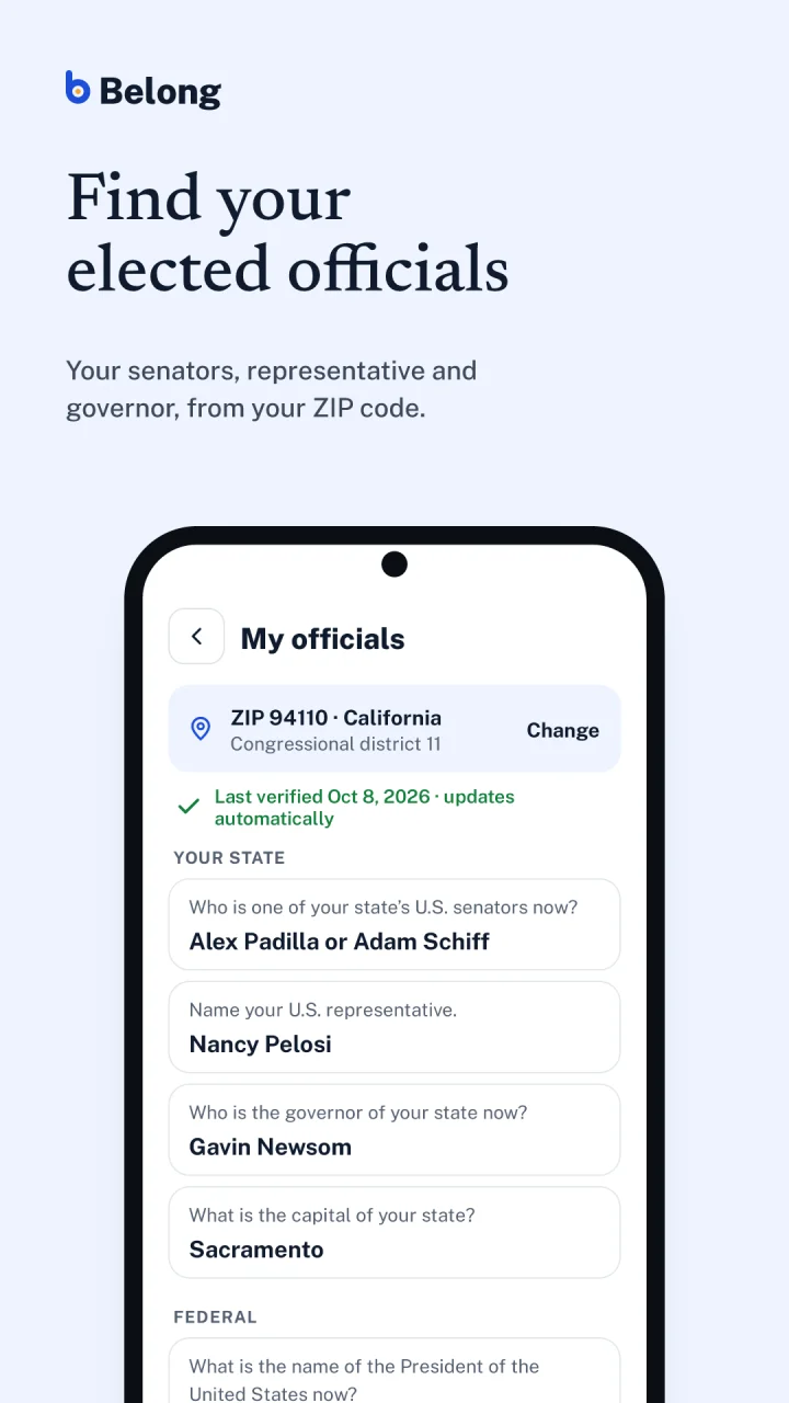 Belong store screenshot: Find your elected officials. Senators, representative and governor for a ZIP code