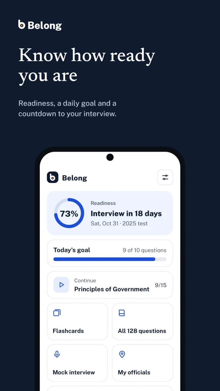 Belong store screenshot: Know how ready you are. Home with readiness and the interview countdown