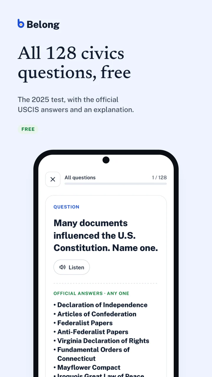 Belong store screenshot: All 128 civics questions, free. A flashcard with the official answers