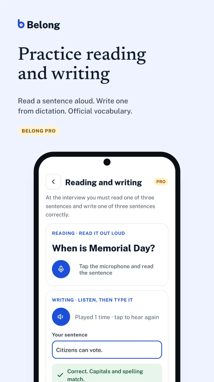Belong store screenshot: Practice reading and writing. A sentence read aloud and checked, labelled Pro