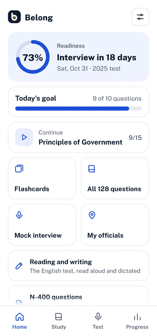 Belong Home: readiness 73%, interview in 18 days on the 2025 test, today's goal and the study tools
