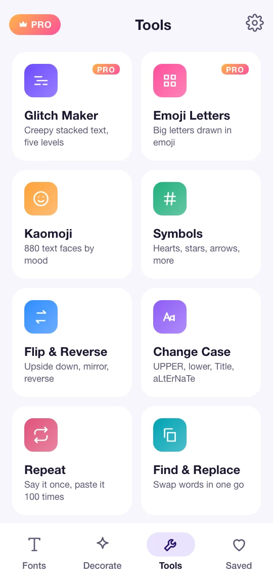 Wryte Tools: Glitch Maker, Emoji Letters, Kaomoji, Symbols, Flip and Reverse, Change Case, Repeat and Find and Replace